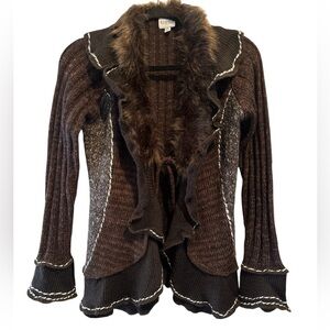 Sioni Faux Fur trimmed Cardigan Sweater Sz PM